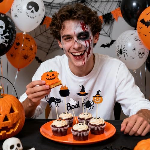24 PCS Halloween Cupcake Toppers,Glitter Spider Witch Hat Spooky Little Boo Ghost Cat Pumpkin Cupcake Picks for Halloween Theme Baby Shower Kids Birthday Party Cake Decorations