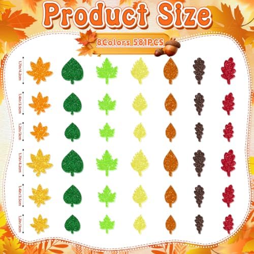 581 PCS Fall Leaf Foam Stickers, Glitter Autumn Leaf Stickers, 8 Colors