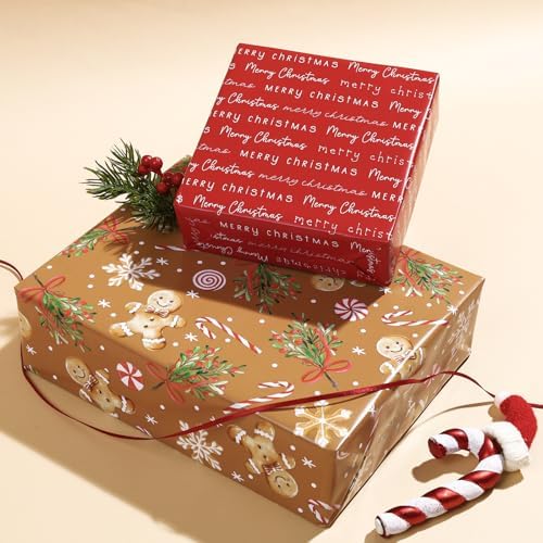 LaRibbons Christmas Wrapping Paper, Double-Sided Gingerbread Cookie Design