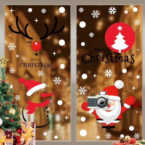 4 Sheets Merry Christmas Window Clings Cute Santa Claus Window Stickers Double Sided Snowflake Glass Decals Snowman Reindeer Window Decal for Home Classroom Nursery Party