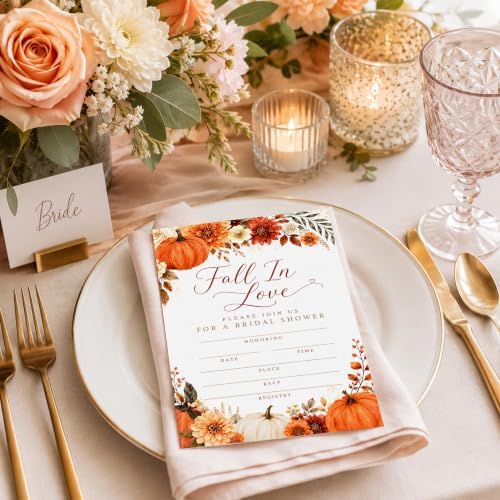 Fall in Love Bridal Shower Invitations, Fill In Style Invites With Envelopes for Fall Wedding Reception, Floral Pumpkin Bridal Shower Invitations, Bride To Be Double-Sided Invite Cards, 4 x 6 Inch Set of 25-A03