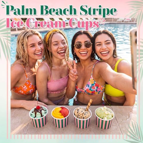 Maxdot 50 Pcs Palm Beach Stripes Paper Treat Snack Bowls Summer Ice Cream Cups Sundae Bar Supplies for Hawaii Luau Party Supplies, Yogurt Cupcakes