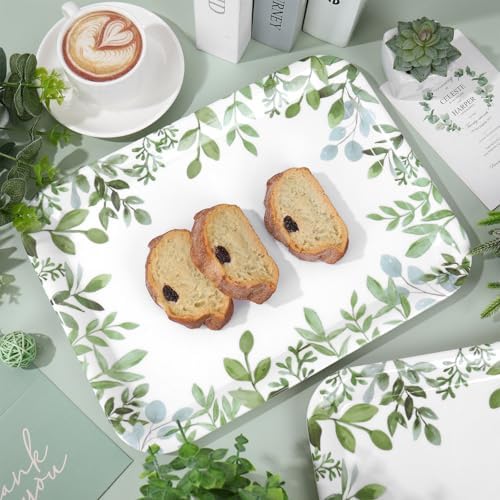 Whaline 3Pcs Greenery Serving Trays Reusable Melamine Platters Green Leaves Serving Dishes for Spring Birthday Wedding Party Food Supplies, 10 x 13 Inch