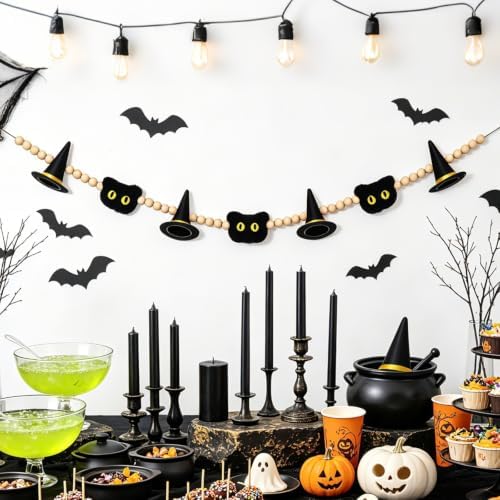 GreenD Halloween Garland 9.84FT Wood Bead Garland with Felt Witch Hats & Plush Cats, Handmade Indoor Hanging Decor for Living Room Window Neutral Farmhouse Cute Party Supplies