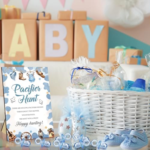 Thyle 51 Pcs Cowboy Pacifier Hunt Baby Shower Games Boys Include Hunt Sign and 50 Acrylic Pacifiers for a Little Cowboy Is on The Way Theme Baby Shower Game Decoration for Gender Reveal Party Decor