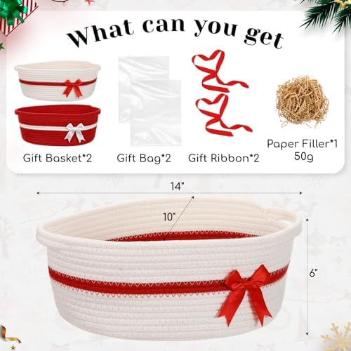Colingmill 2 Pack Small Woven Gift Basket Empty with Wrap, Red and White