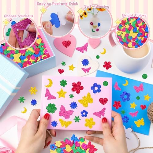 500Pcs Foam Stickers Glitter 3D Spring Foam Shape Stickers,Heart Star Moon