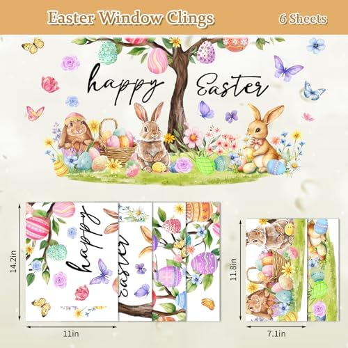 Whaline 6 Sheet Easter Window Clings Window Decal Large Bunny Rabbit Egg Tree Reusable Anti-Collision Windows Decor for Spring Holiday Home Classroom Office Party Supplies