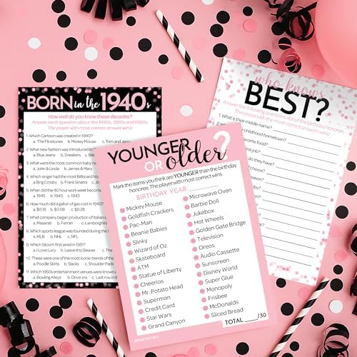 Pink and Black 80th Birthday Games Set, Born in the 1940s, 20 Guests