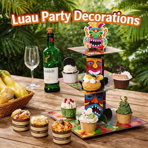 OHOME Luau Party Decorations | Hawaiian Cupcake Stand - 3 Tier Tiki Cake Holder - Tropical Party Decorations for Summer Beach Pool, Hawaiian Luau Birthday Favors Supplies
