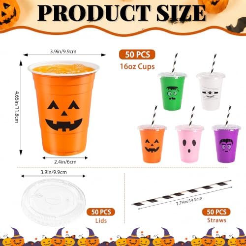Halloween Plastic Cups with Lids & Straws for Trick or Treat Party Supplies