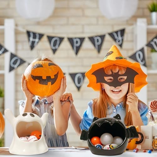 2 Pack Halloween Ceramic Candy Bowls, Ghost & Bat Candy Holder Containers