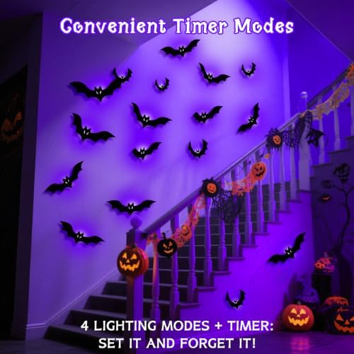 Halloween Bats Fairy Lights Wall Decor, 20 Packs Lighted Bats Stickers with Timer Halloween Party Wall Window Indoor Home Decorations