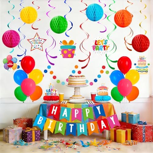 Happy Birthday Decorations Kit: Happy Birthday Banner,Birthday Circle Confetti Garland, Swirl Streamers, Honeycomb Balls, Birthday Balloons and Honeycomb Centerpiece for Kids' Birthday Party Supplies