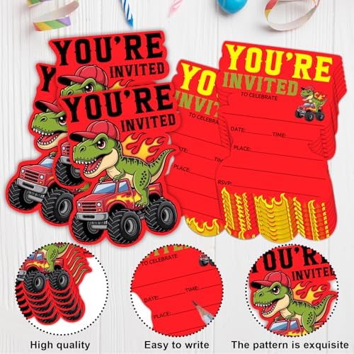 Red Truck Birthday Party Invitations, Dinosaurs Monster Truck Shaped Invitations for Kids Boys, Monster Truck Theme Birthday Party Decorations Supplies Favors, 20 Set Invites Cards with Envelopes