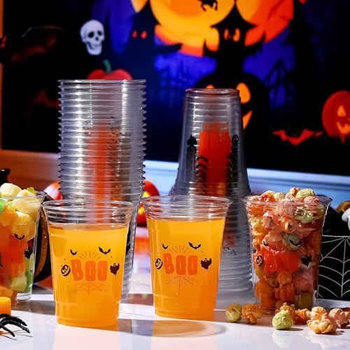 100 Pcs Halloween Plastic Cups Bulk 16 oz Disposable Clear Boo