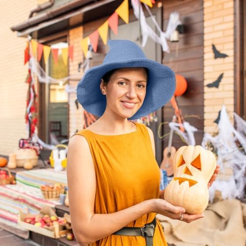 Leuceiy Witch Hat for Women, Wide Brim Foldable Wool Kintted Wizard Hats