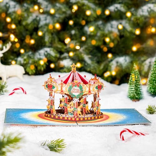 POPWOW Christmas Merry-Go-Round Pop Up Card, Merry Xmas, Reindeers, Wreath, 3D Popup Greeting Cards, Gifts for Women, Men, Kid, Boy, Girl, Sister, 5x7 - Includes Envelope And Message Note