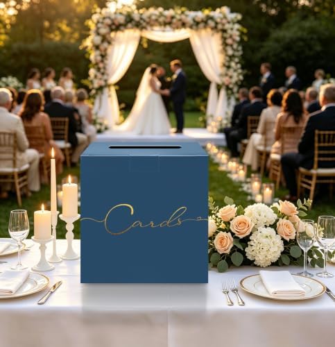 HEIPINIUYE Navy Blue Wedding Card Box with Gold Foil 9.8" x 9.8" Navy Large Gift Card Box for Party Wedding Reception Graduation Birthday Baby Shower Cardboard Raffle Envelope Box with Slot