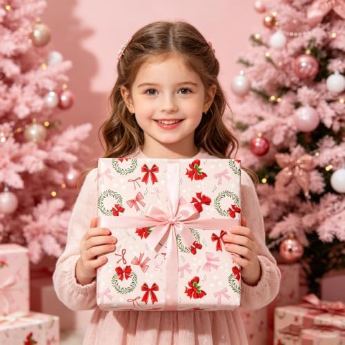 Cuitpan Pink Christmas Bow Wrapping Paper - 4 Jumbo Sheets, 28 * 40 Inches - Xmas Gift Wrap with Festive Ribbon Bow & Mini Wreath Pattern, Cute Holiday Gift for Women, Girls & Children