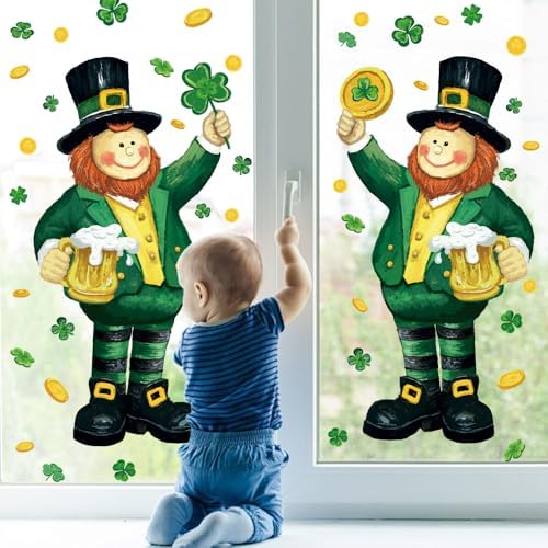 3 Sheets Extra Large St Patrick's Day Leprechaun Window Cling Stickers 13.4X34.6 inch, Green Shamrock Irish Style Window Decals Double Sided for Home Office Spring Party Decoration