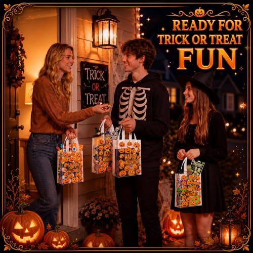 Pajean 25 Pcs Halloween Plastic Gift Bags with Handles, Cute Pumpkin Bags