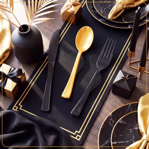 Minatee 180 Pcs Black and Gold Party Plastic Silverware Heavy Duty Cutlery Sets Disposable Utensils for Holiday Birthday Themed Party Supplies, 60 of Each Forks Knives Spoons