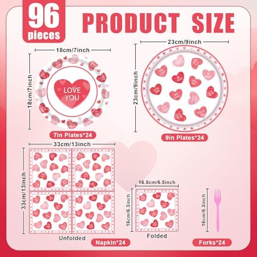 96 Pieces Valentine’s Day Tableware Set – Red and Pink Heart Message Disposable Plates, Napkins, Forks For Valentine’s Parties, Weddings, Anniversaries, Romantic Dinners – Serves 24 Guests