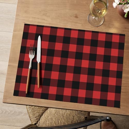 Artoid Mode Buffalo Plaid Vinyl Placemats Set of 4, 12x18 Inch Washable Non-Slip Heat Resistant Plastic Place Mats for Party Dining Table, Black/Red