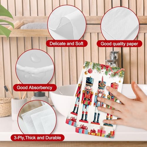 Whaline 50Pcs Christmas Guest Napkins Disposable Napkin Watercolor Nutcracker Pine Branch Dinner Hand Paper Napkins for Xmas Winter Holiday Party Tableware Supplies