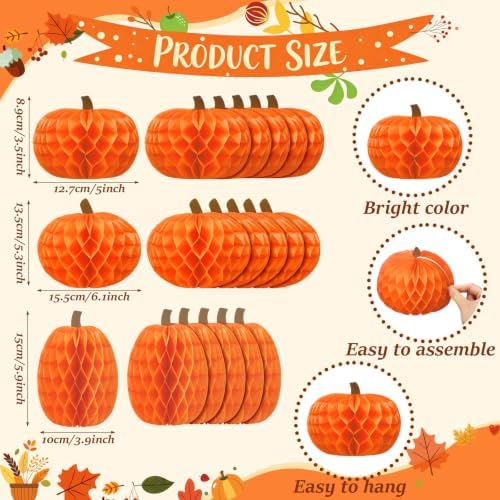 Gueevin 30 Pcs Fall Pumpkin Hanging Decorations Thanksgiving Pumpkin Honeycomb Balls Lanterns for Harvest Thanksgiving Party Supplies Indoor Outdoor Halloween Decor