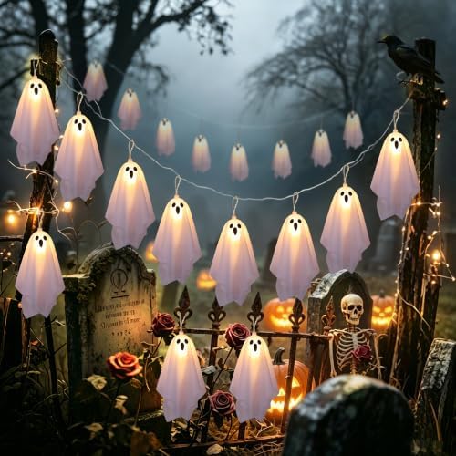 Halloween Lights Outdoor Indoor 10FT 10 LED 3D Ghost Lights Halloween String Lights Battery Operated Ghost Garland with Lights, Halloween Decorations for Mantle Fireplace Porch Yard Window Party Decor