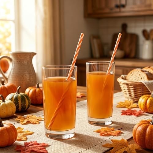 JANYUN 30 Pcs Reusable Orange and White Striped Straws with Cleaning Brush