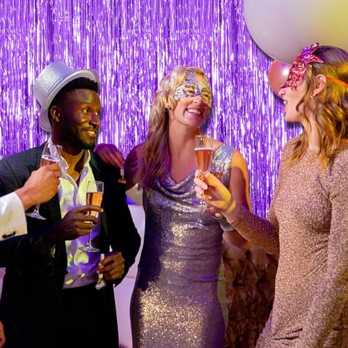 2 Pack Foil Curtain Backdrop Purple Metallic Tinsel Foil Fringe Curtains Photo Booth Props for Birthday Wedding Engagement Baby Shower Bachelorette Christmas Holiday Celebration Party Decorations
