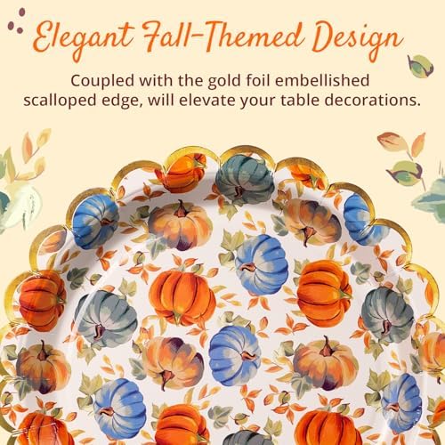 Confettiville Thanksgiving Paper Plates, 50-Count Fall-Themed Decorative Disposable Serving Plates, Pale Apricot, Gold Foil Scalloped Edge, 9 Inches