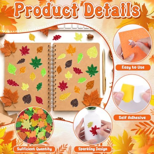581 PCS Fall Leaf Foam Stickers, Glitter Autumn Leaf Stickers, 8 Colors