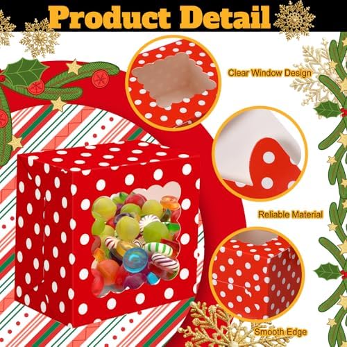 48 Pcs Christmas Bakery Boxes with Window, White Red 4x4x2.5 In