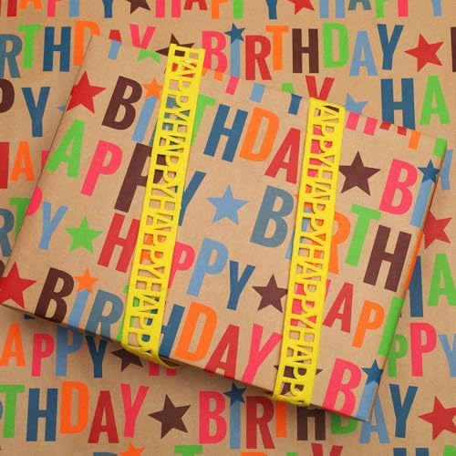 BIOBROWN Kraft Wrapping Paper Roll Colorful Text Happy Birthday Design Perfect for Birthday Holiday Wrap 17 inch X 33 feet (Pack of 3)