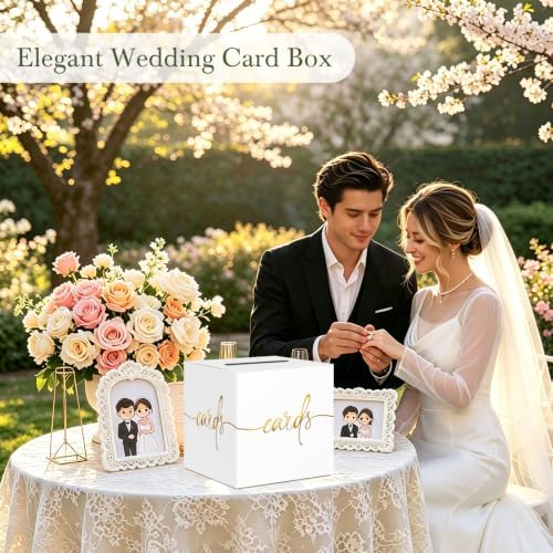 White Wedding Card Box with Gold Foil Design, Paperboard 8.7" Gift Card Holder for Graduation Birthday Party Reception Retirement Anniversary Bridal & Baby Shower