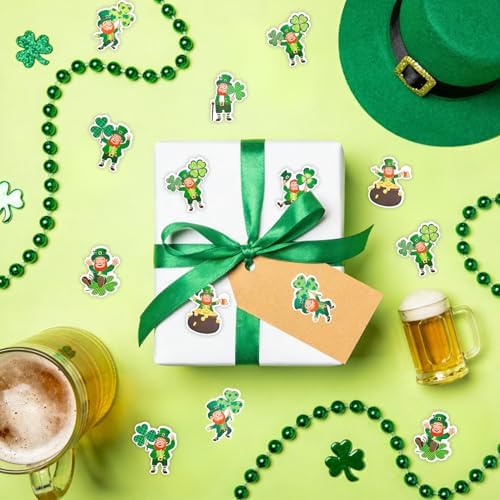 St Patricks Day Stickers, St Patrick's Day Decorations Stickers Roll, 1.2" Green Leprechaun Shamrock Clover Self Adhesive Seals Label Sticker Decals for Card Gift Crafts Irish Party Supplies 500 PCS