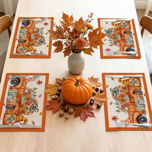 Fall Placemats Set of 4, 12x18 inch - Orange Truck Thanksgiving Table Decor