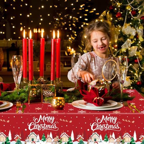 BokingOne 3 Pack Santa Claus Tablecloth 54x108 Inch - Red Christmas Disposable Plastic Table Cover with Reindeer, Snow House & Merry Christmas Print for Xmas Party Decor, Gift Wrapping Station