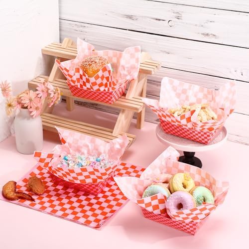 Geosar 100 Pcs Gingham Paper Food Tray with Wax Paper,Orange Pink