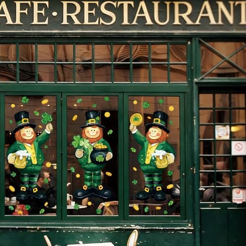 3 Sheets Extra Large St Patrick's Day Leprechaun Window Cling Stickers 13.4X34.6 inch, Green Shamrock Irish Style Window Decals Double Sided for Home Office Spring Party Decoration