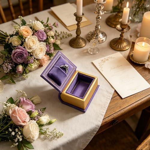 Book Shaped Ring Box - Vintage Engagement Ring Box with Hinged Lid for Proposal Engagement Wedding, Proposal Ring Case -PRB026-Purple
