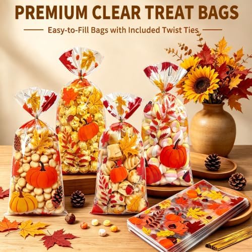 100Pcs Fall Cellophane Treat Bags, Thanksgiving Goodie Bags with Twist Ties