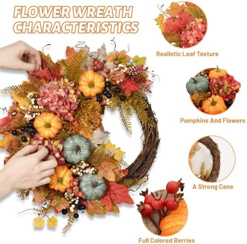 Fall Wreaths for Front Door, Artificial Pumpkin Hydrangea Autumn Wreath