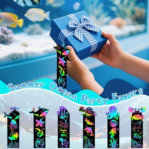 AUGSUN 96Pcs Ocean Animals Scratch Art Bookmarks Rainbow Scratch Bookmarks