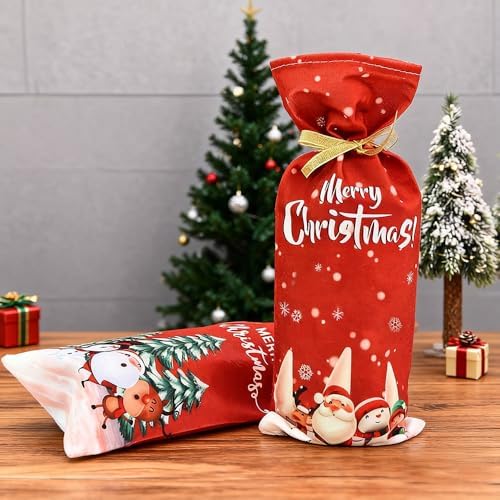 Yahpetes Christmas Wine Bottle Bag 2Pcs Xmas Gift Bags Santa Clause, Snowman Red Wine Bottle Cover Bags with Drawstring for Christmas Party Decorations
