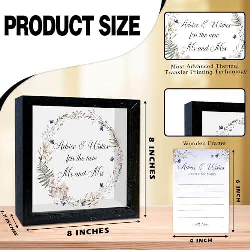 Floral Black Wedding Card Box for Reception with Acrylic Window, 20 Advice and Wishes Card, Remembrance Table Decor for Bridal Shower Engagement Graduation Party Baby Shower, 8 x 8 in